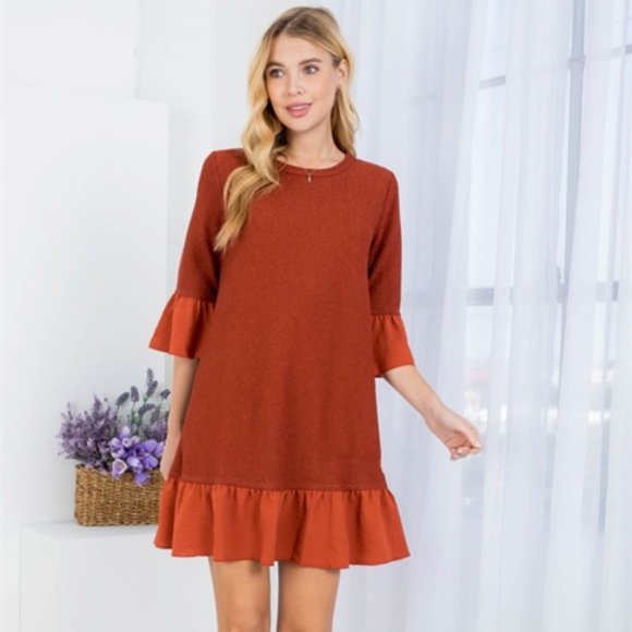 S M RUST ROUND NECKLINE RUFFLE HEM & SLEEVE MINI DRESS - Picture 3 of 5